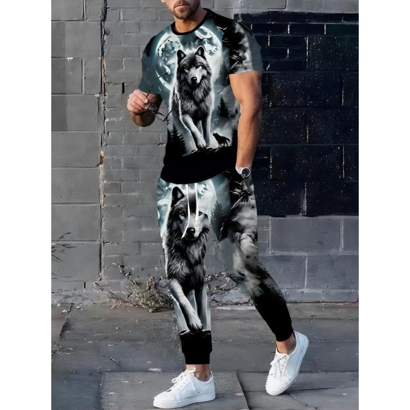 Men's short-sleeved long pants sports suit | Elegant casual round neck | Stretchable knitted 3D print | Regular fit two-piece set