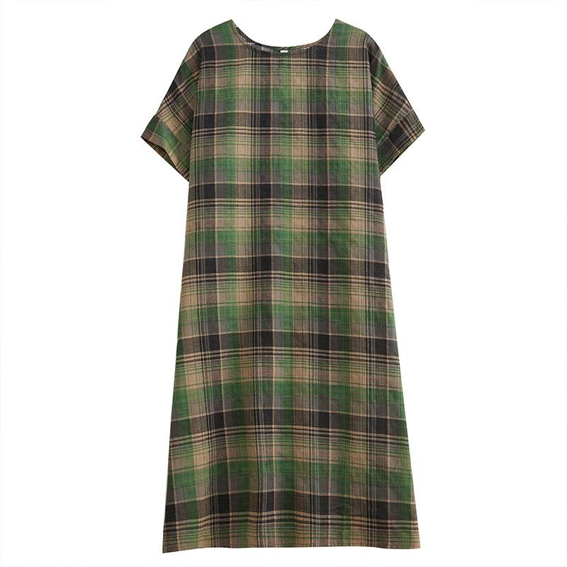 Summer Loose Women's Cotton and Linen Plaid Dress