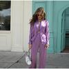 Casual Long Sleeved Commuting Suit Elegant Women V Neck Lace Up Top Pants Outfit 2025 Spring Summer High Street Satin Two Piece Set