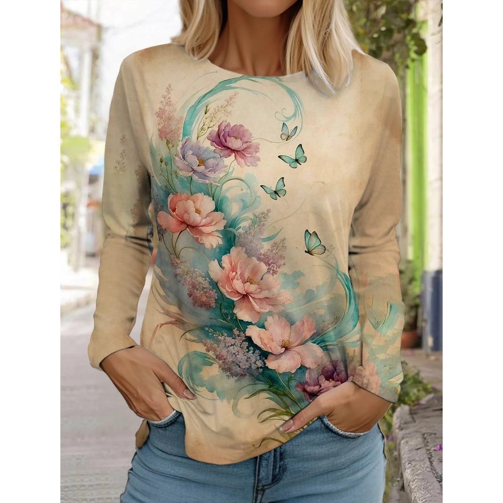 Women's 3d Printed Flower T-shirt Fashion Long-sleeved Round Neck Regular Tops Holiday Weekend Spring Autumn T-Shirt