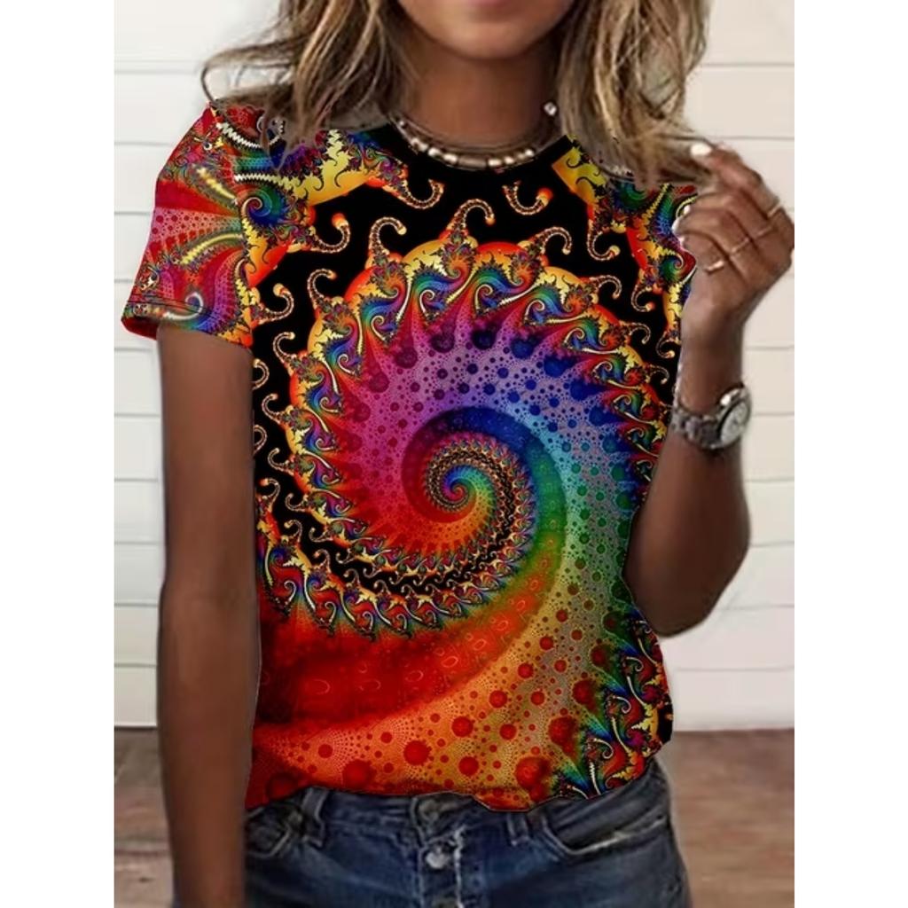 Fashion Women Colorful and Vibrant Print T Shirt Funny Casual O-neck Short Sleeves T-shirt Summer Female Tee Shirt