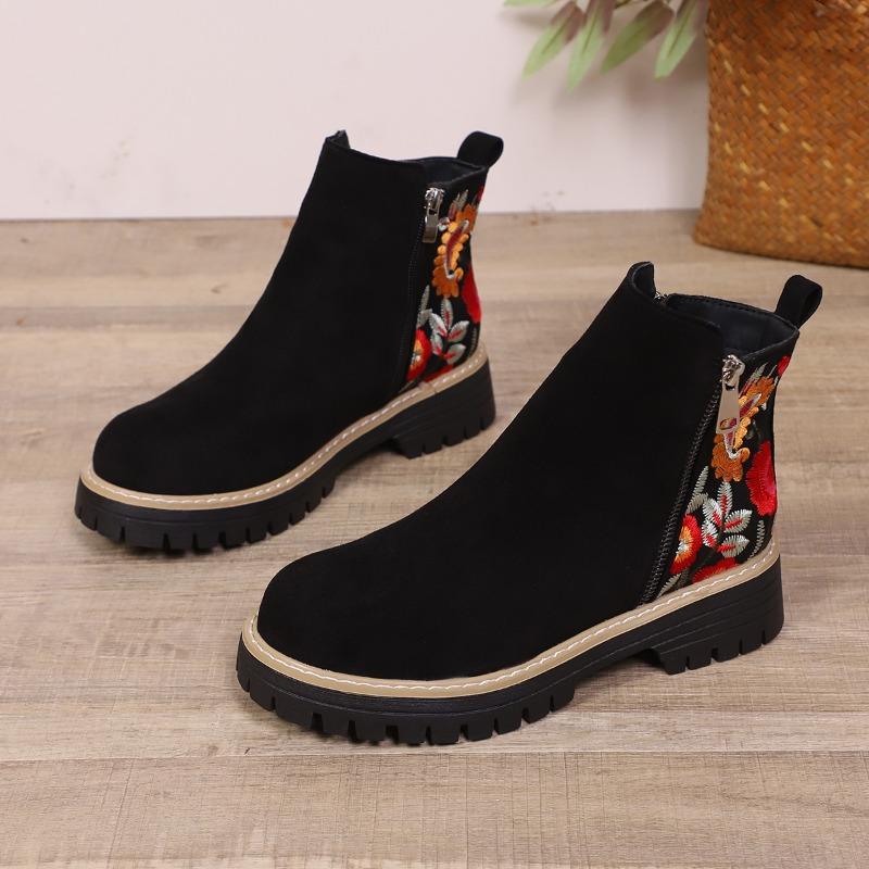 Winter 2025 Suede Print Booties Women's Plus Size Side Zipper Vintage Round Toe Muffin Martin Boots