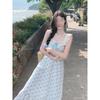 French High-end Small Flying Sleeve Suspender Skirt Children's Summer Casual Girl Thin Square Neck Blue Floral Dress