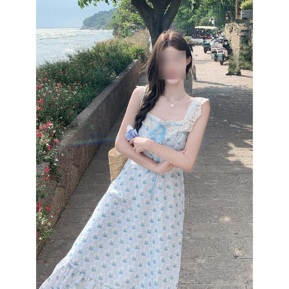 French high-end small flying sleeve suspender skirt children's summer casual girl thin square neck blue floral dress