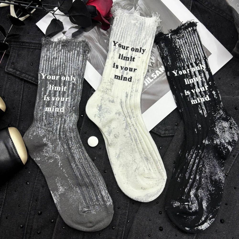 Stripe Mid Tube Socks Unique Letter Personality Mid-Calf Socks Soft Ripped Hollow Socks  For Women