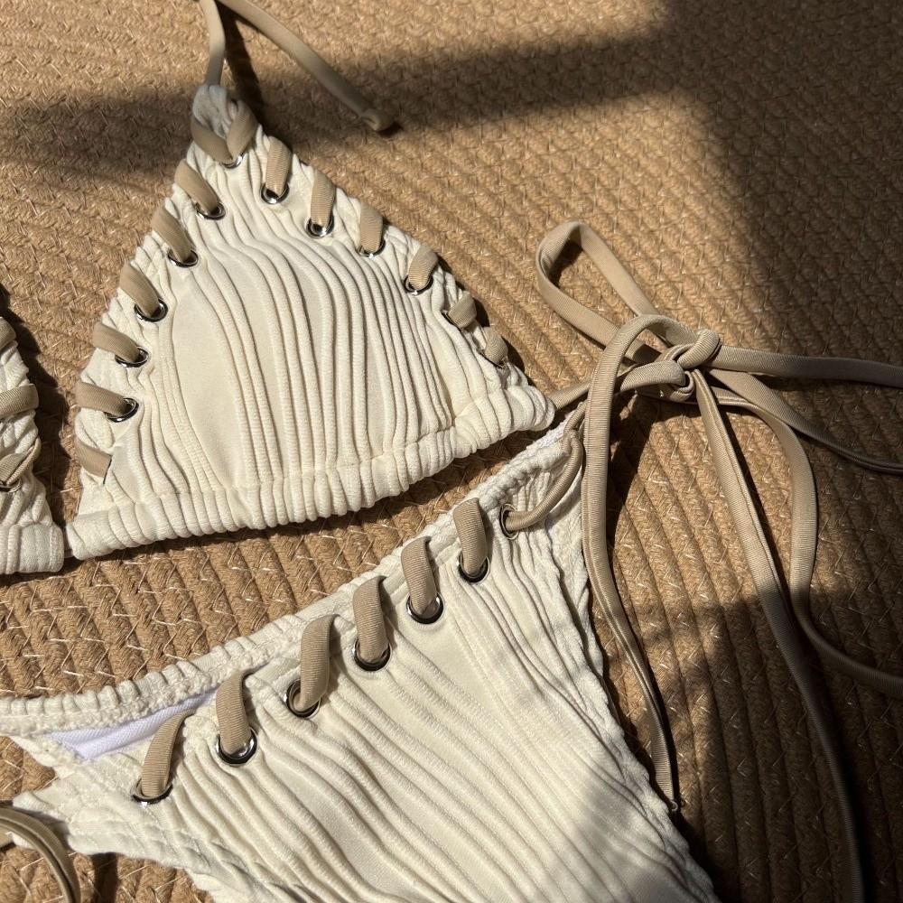 Lace Up Swimwear Set Ruffled Halter Neck Sling Swimsuit Simple Bikini Suit  Resort Wear