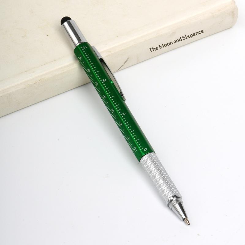 6 In 1 Multifunctional Metal Ballpoint Pen with Stylus Ruler Level Screwdriver for Woodworking Repair Jobs