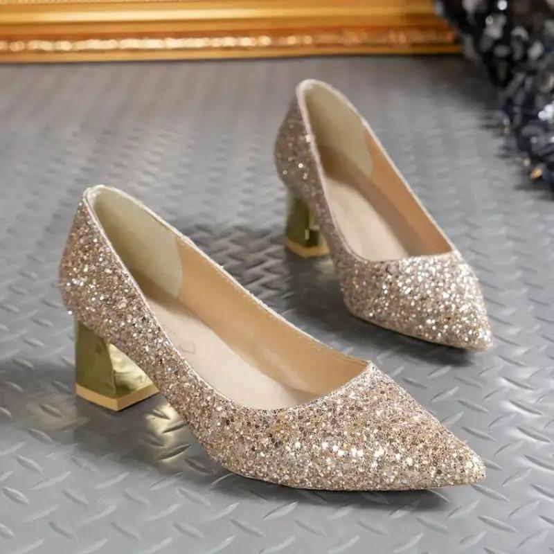 Spring and Summer Golden High-heeled Shoes Sequin Women's High-quality Silver Wedding High-heeled Shoes Women's Pumps