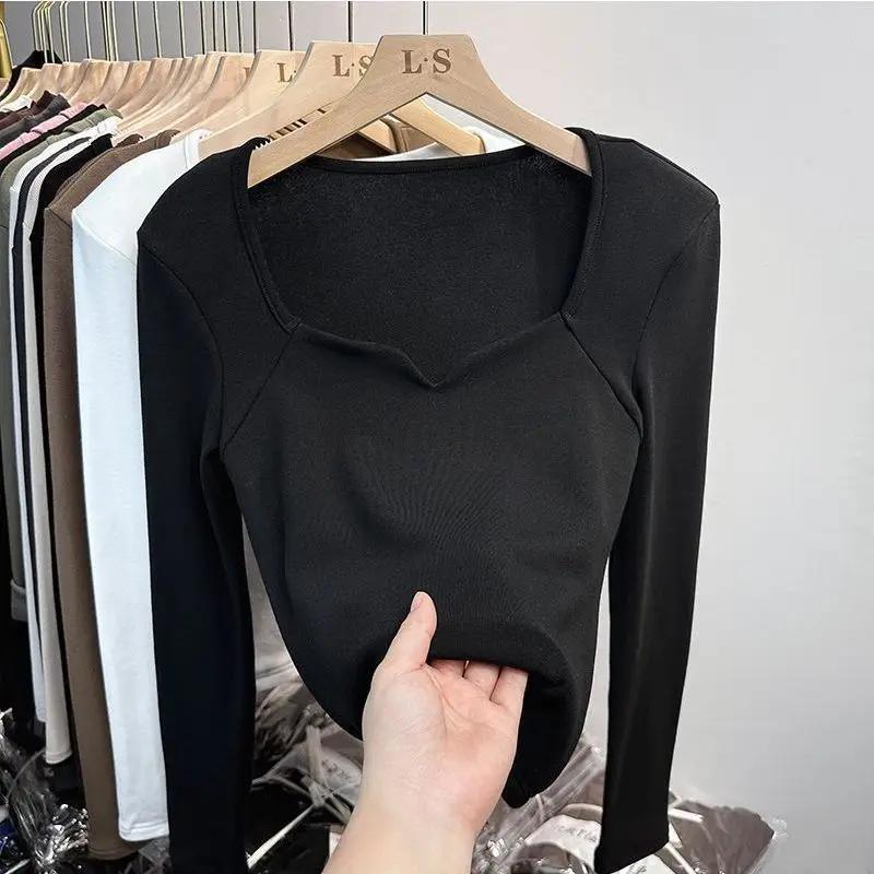 Autumn Winter Sanding Long Sleeve T Shirt Women's Plush Square Neck Short Warm Matte Autumn Clothing