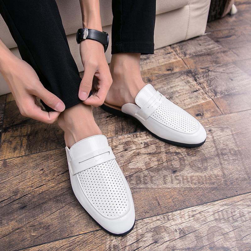 

Men s shoes fashion casual shoes trend overalls leather shoes woven pattern hollow half slippers one word lazy shoes 44
