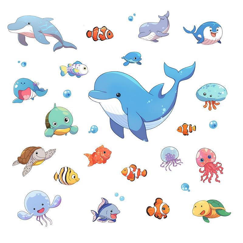 Cartoon Marine Animals Wall Sticker for Kids Rooms Bedroom Background Home Decals Decoration Lovely Animal Nursery Stickers
