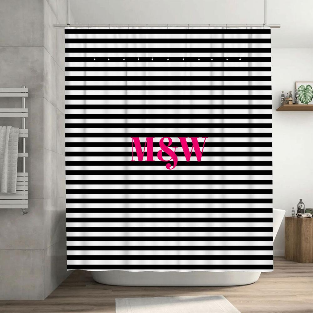 Bathroom Decor Shower Curtain Striped Pattern Print Monogram Custom Name Wedding Gift For Girls Pink M W (Black / W