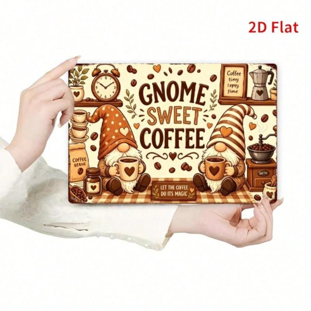 Vintage Gnome Coffee Tin Sign, Checkered Bar Kitchen Wall Art, Retro Farmhouse Decor, 7.87x11.81 In
