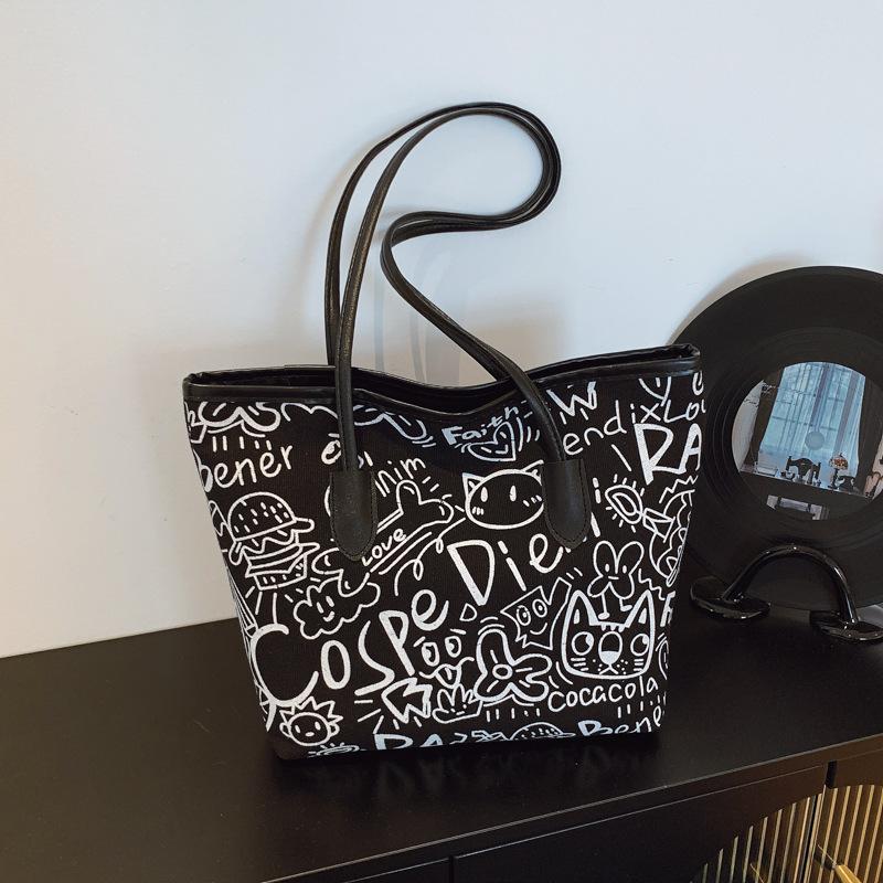Graffiti Tote Bag Niche Design Handheld Cloth Bag Women's Bag Autumn New Casual Shoulder Bag Large Capacity Underarm Bag