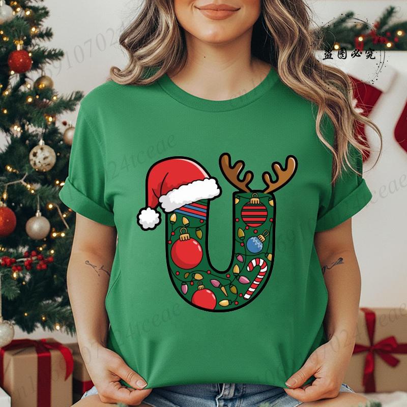 Fashion Printed T Shirt Festive Christmas Alphabet Letter with Santa Hat Women T Shirt Short Sleeves Crew Neck Female Clothes