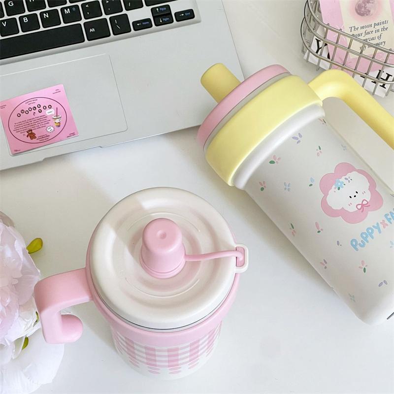 Large Capacity Cute Insulated Mug, 1000Ml Tumbler With Handle And Straw Lid, Stainless Steel Sports Water Bottle