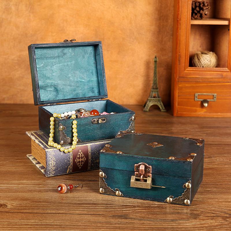 Vintage Wooden Jewelry Storage Box Trunk Jewelry Container Medieval Pirate Treasure Jewellery Storage Case Props With Lock