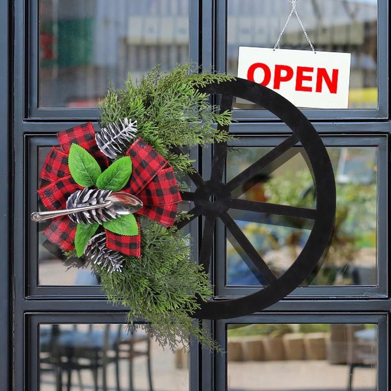 Pine Cone Spoon Wheel Wreath Creative Christmas Wreath Door Hanging Black And Red Grid Bow Outdoor Garden Decoration