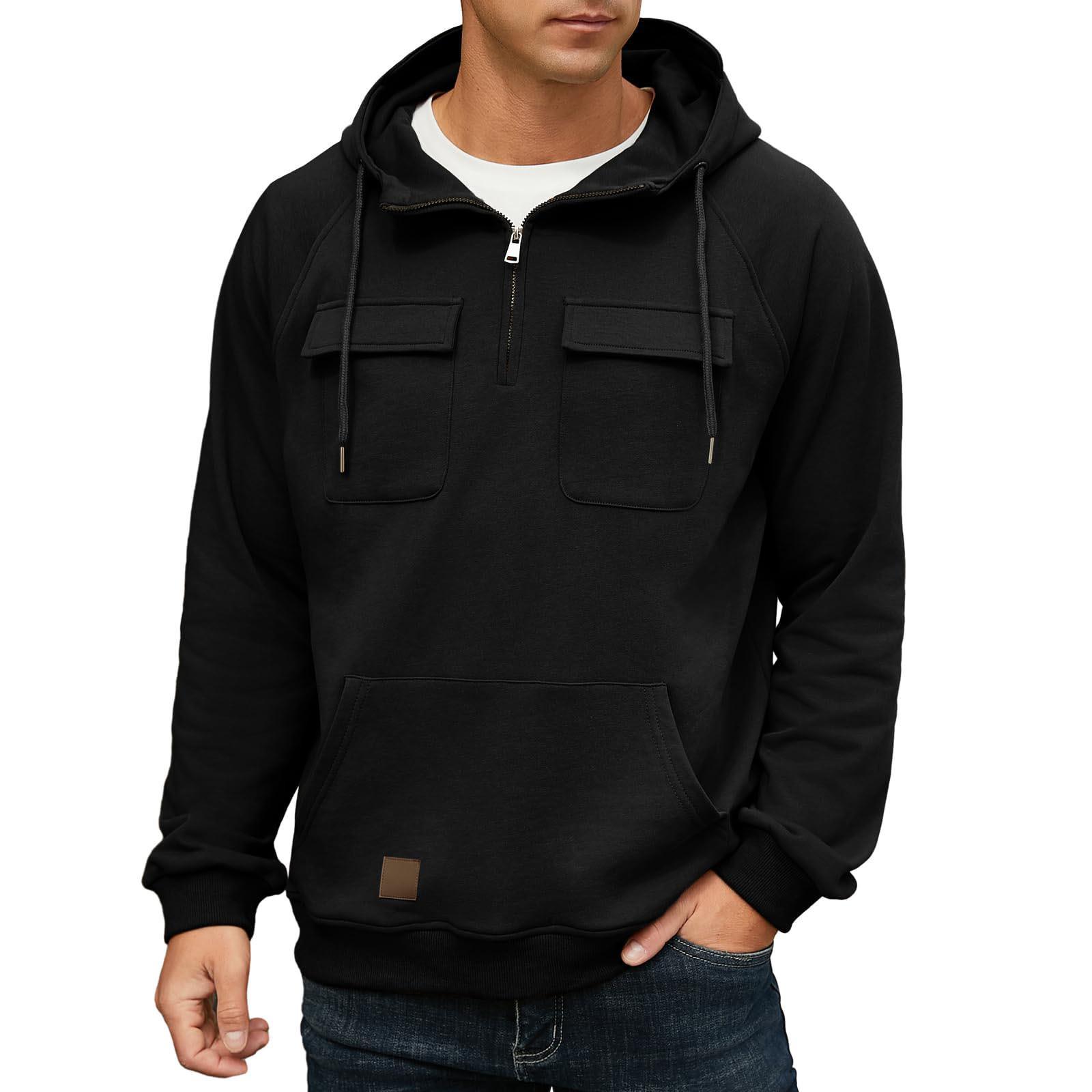 

Мужской однотонный свитер с капюшоном, молодежная спортивная кожаная куртка-свитер с несколькими карманами в Европе и Америке XXXL чёрный