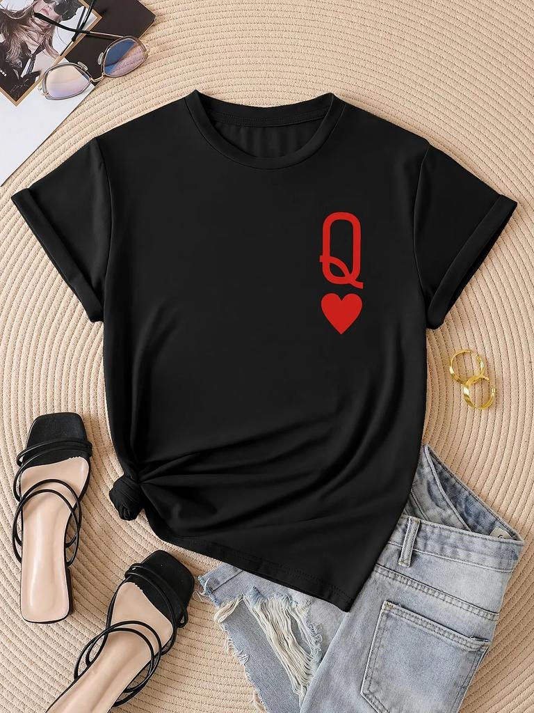 Q&Heart Printed Round Neck T-shirt for Spring/summer Short Sleeved Top and Women's Clothing
