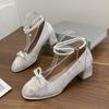 High heels women's new 2024 new Chinese bow pearl chain square head light mouth thick heel versatile Mary Jane shoes