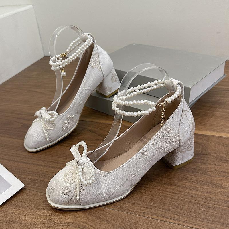 High heels women's new 2024 new Chinese bow pearl chain square head light mouth thick heel versatile Mary Jane shoes