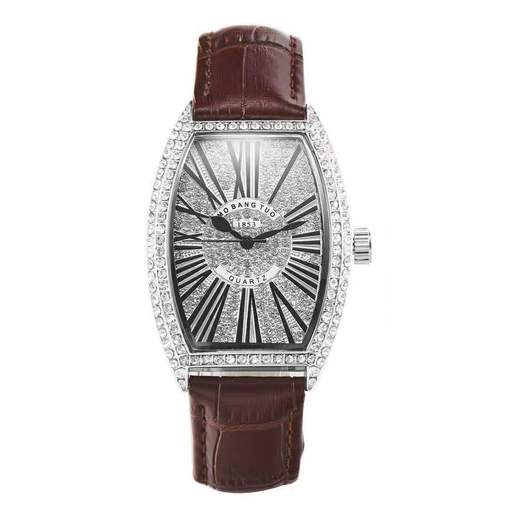 Voll Diamant Digitales Zifferblatt Mode Damen Armbanduhr Weinfass Lederarmband Studenten Trend Uhr