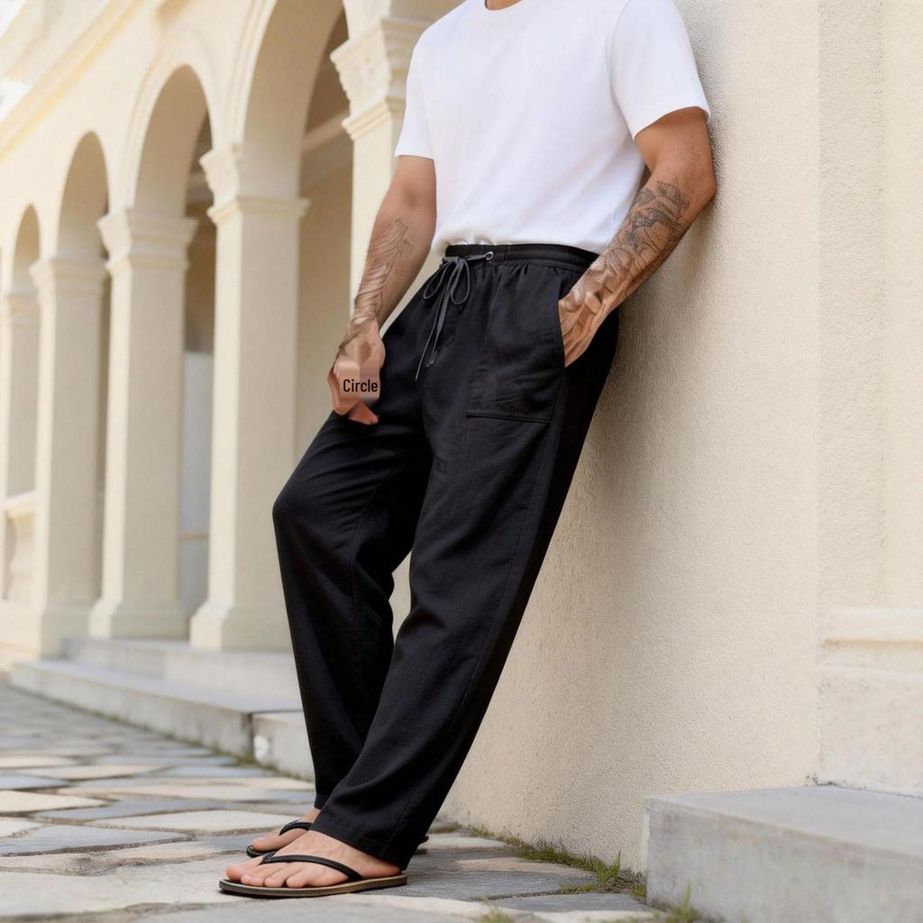 2026 Casual Men's Loose Summer Breathable Beach Pants with Drawstring and Straight Leg Design in Solid Colors.