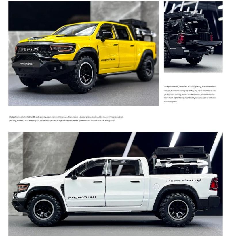 1/32 Scale Dodge RAM 1000 TRX Mammoth Picku Alloy Car Model Sound and Light Pull Back Children's Toy Collectibles Birthday Gift