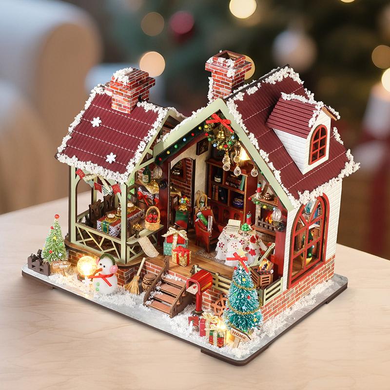 DIY Holzpuppenhaus Warme Weihnachts-Lodge Casa Figuren Miniaturen Zusammengebautes Puppenhaus mit Lichtern für Freunde Weihnachtsgeschenke