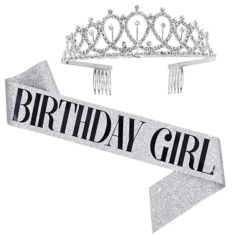 Bling Strass Kristall Krone Tiara Geburtstag Jahrestag Dekoration Alles Gute zum 18. 21. 30. 40. 50. Geburtstag Satin Schärpe Party Supplies