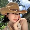 with Wind Lanyard Straw Cowboy Hat Wide Brim Panama Sun Hat Fashion Beach Hat  Vacation