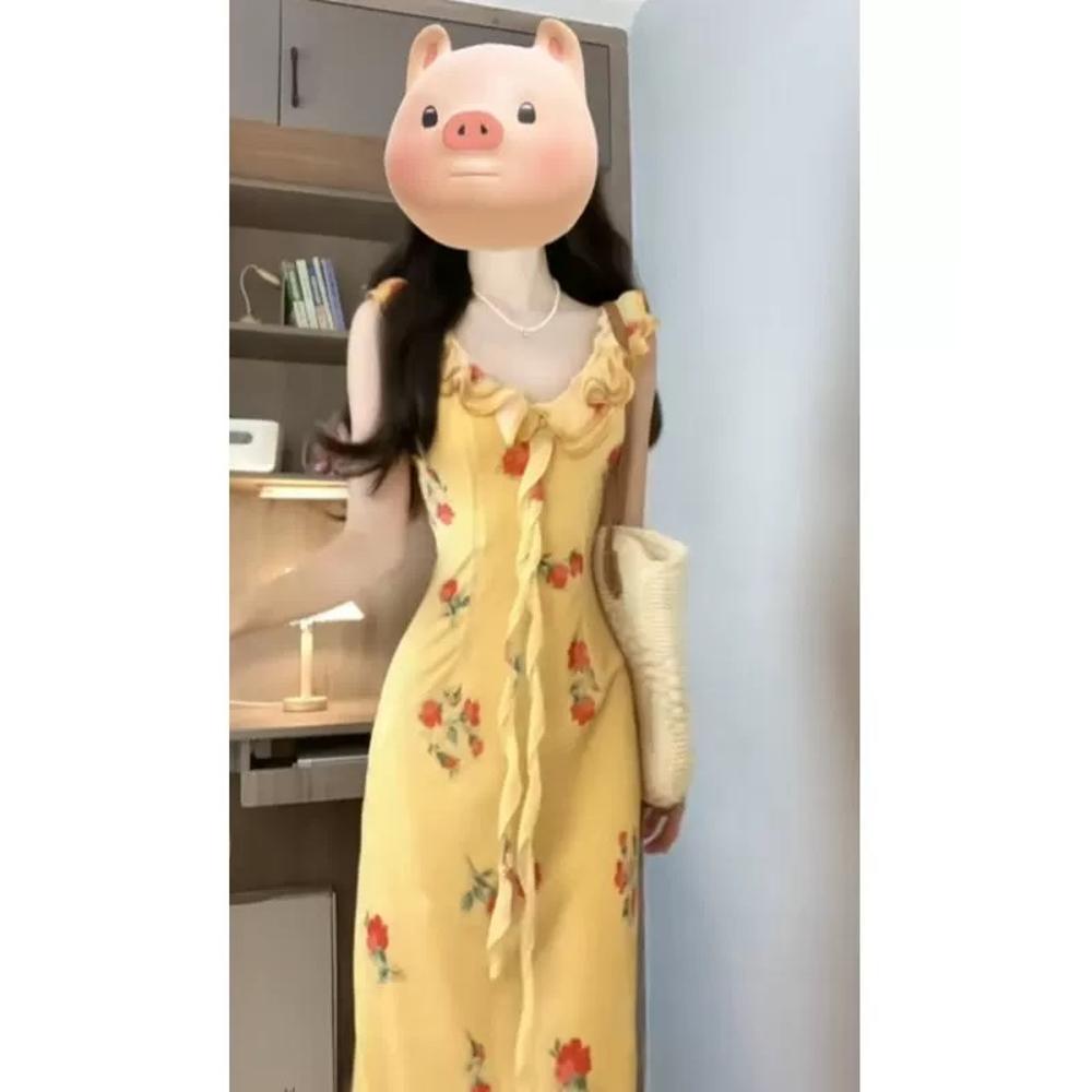 Holiday style skirt waist thin fishtail long dress yellow lotus leaf edge v-neck floral dress women's summer seaside