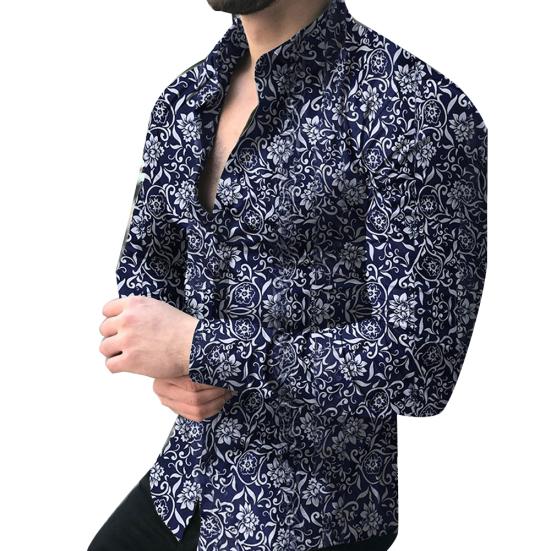 Herrenmode Hemd mit Blumenmuster, Slim Fit, Langarm, Knopfleiste, Umlegekragen