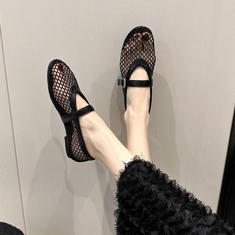 Fashion 2025 New Women's Flat Ballet Shoes Breathable Mesh Hollow out Slip-On Casual round Toe Rubber Sole Low Heel Single Shoes