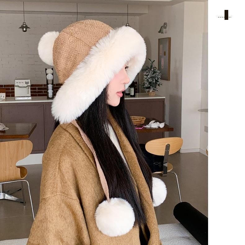 Plush Hat Lady Winter Big Head Circumference Bucket Hat Warm Mongolian Hat Cute Hairball Hat
