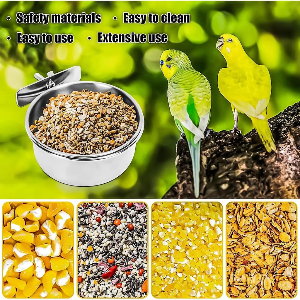 Stainless Steel Bird Bowl Cup Dish with Clamp Parrot Food Water Dishes Birdcage Feeder for Cockatiel Budgie Conure Macaw