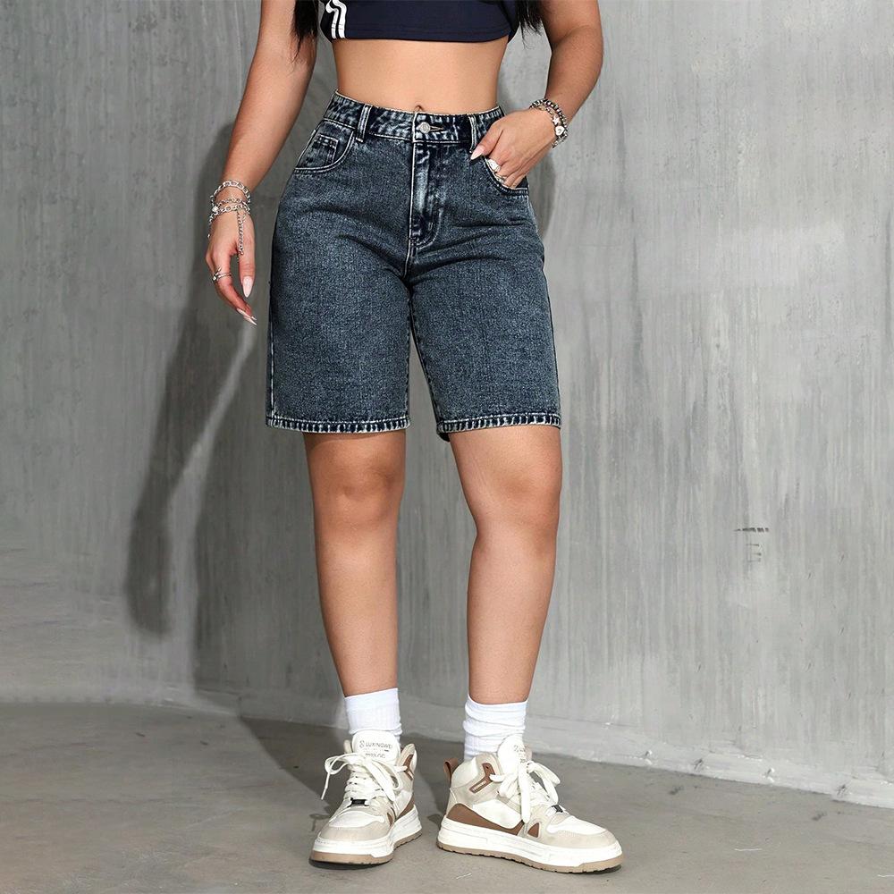 Women's High Waist Denim Shorts Dark Blue Casual Slim Fit Summer Shorts
