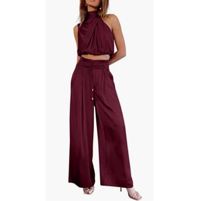 Ladies Two Piece Pants Sets Ladies Outfit Silk Pleated Texture Sleeveless Top Wide Leg Pants Set Summer Matching Sets