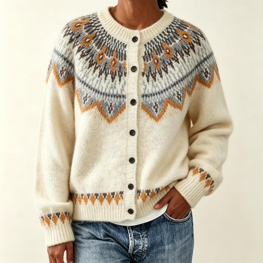 Women's 2026 Autumn/Winter Jacquard Knit Round Neck Snowflake Cardigan Sweater with Horn Buttons