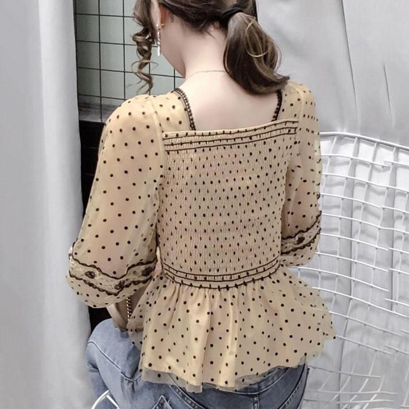 Síťované šití Vlnkový top Dámský zkrácený top Čtvercový výstřih Šifonová košile Elastické stažení vzadu Temperamentní Vílí styl Léto