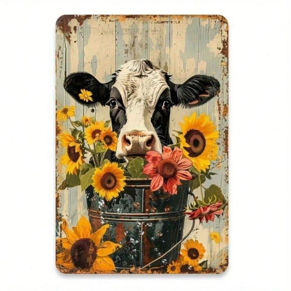 Retro Metal Tin Sign Cow Sunflowers Farmhouse Kitchen Wall Decor 20x30cm