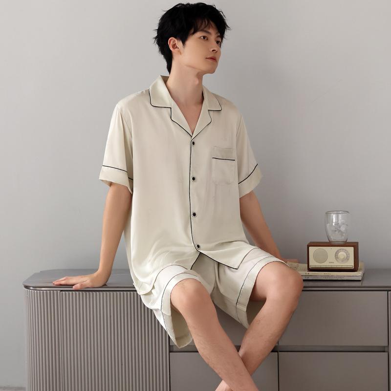 Sommer Eis Seide Pyjama Herren Revers Kurzarm Shorts Einfarbig Kühl Eis und Schnee Seide Sommer Klimatisierte Pyjamas