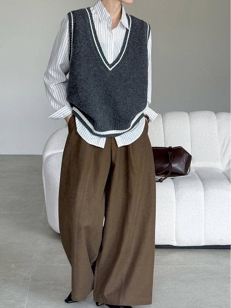 Orange Zhi Retro V-Neck Color Block Knitted Vest - Early Autumn College Girl Style