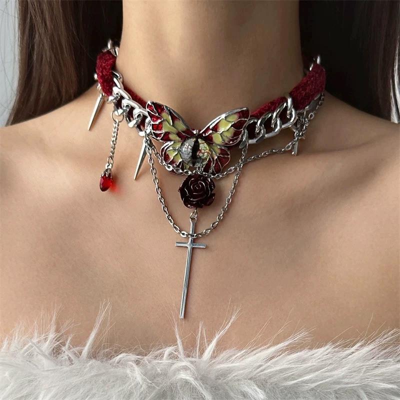 Vintage Y2K Halskette für Damen Mode Samt Schmetterling Quaste Kristall Kragen Halskette Gothische Ketten