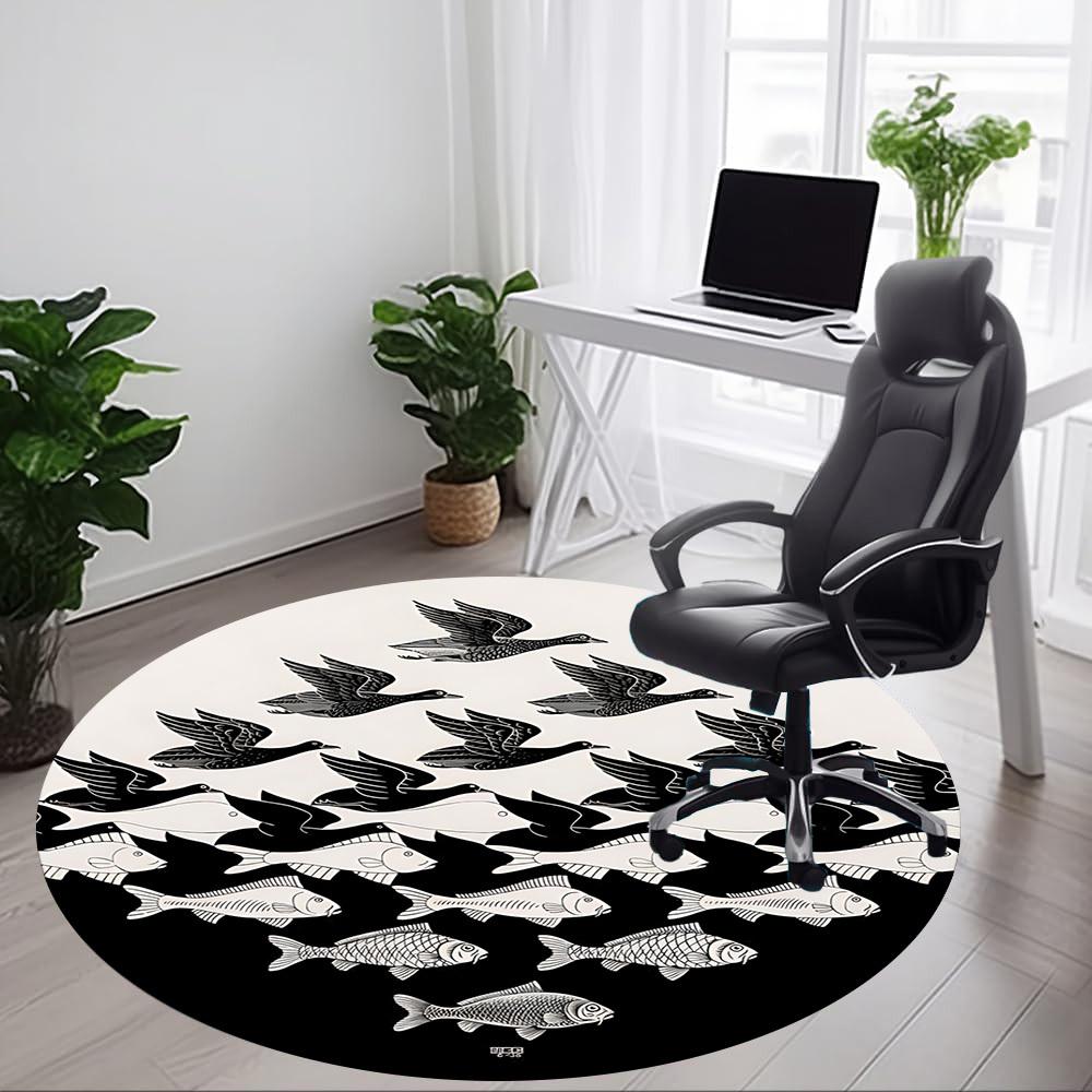 1pc Fish Birds Office Round Area Rug, Indoor Mat Suitable For Office, Under Office Chairs Bedroom Living Room Home Decor, Room Deco