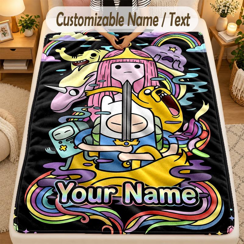Flannel BlanketAdventure Time Cartoon Custom Name Text Personalized Soft Warm Throw Blanket Home Decor Gift