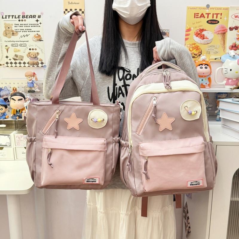 Cute Color Blocked Star Collage Student Backpack And Shoulder Bag Pendant With