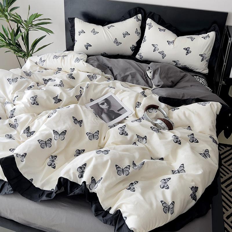 

Пододеяльник из четырех частей чистого французского хлопка, стираный черный хлопковый с оборками по краю 1.5m bed