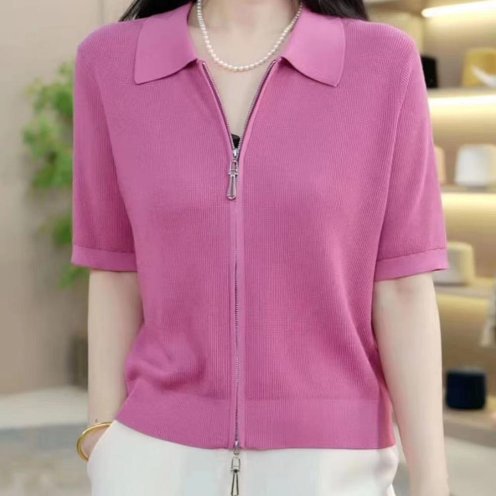 Ice Silk Polo Neck T-shirt Short Sleeve New Fashionable Fashionable Shoulder Zipper Belly-covering Short Lapel Top